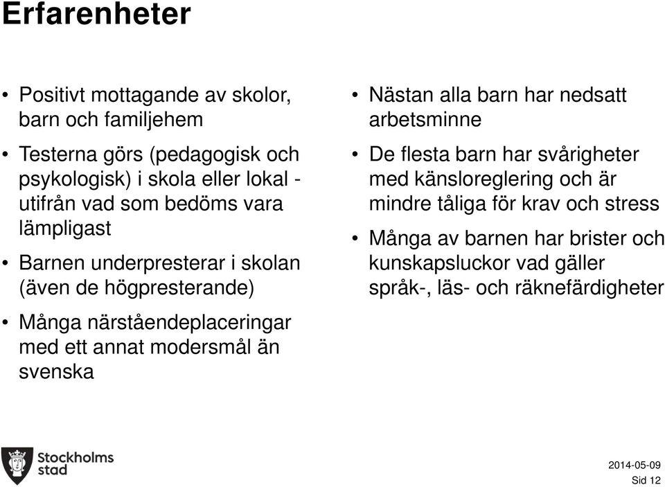 arbetsminne De flesta barn har svårigheter med känsloreglering och är mindre tåliga för krav och stress Många av barnen har