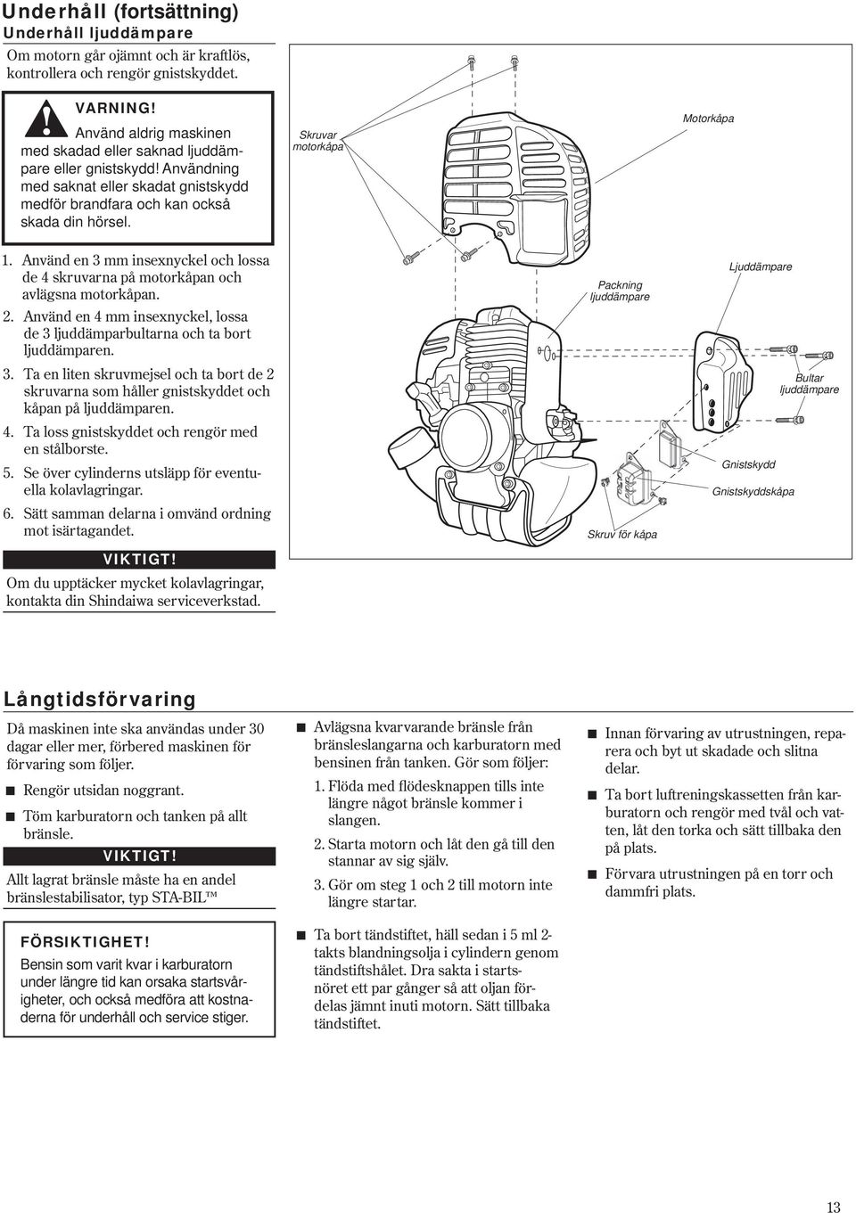 Använd en 3 mm insexnyckel och lossa de 4 skruvarna på motorkåpan och avlägsna motorkåpan. 2. Använd en 4 mm insexnyckel, lossa de 3 ljuddämparbultarna och ta bort ljuddämparen. 3. Ta en liten skruvmejsel och ta bort de 2 skruvarna som håller gnistskyddet och kåpan på ljuddämparen.