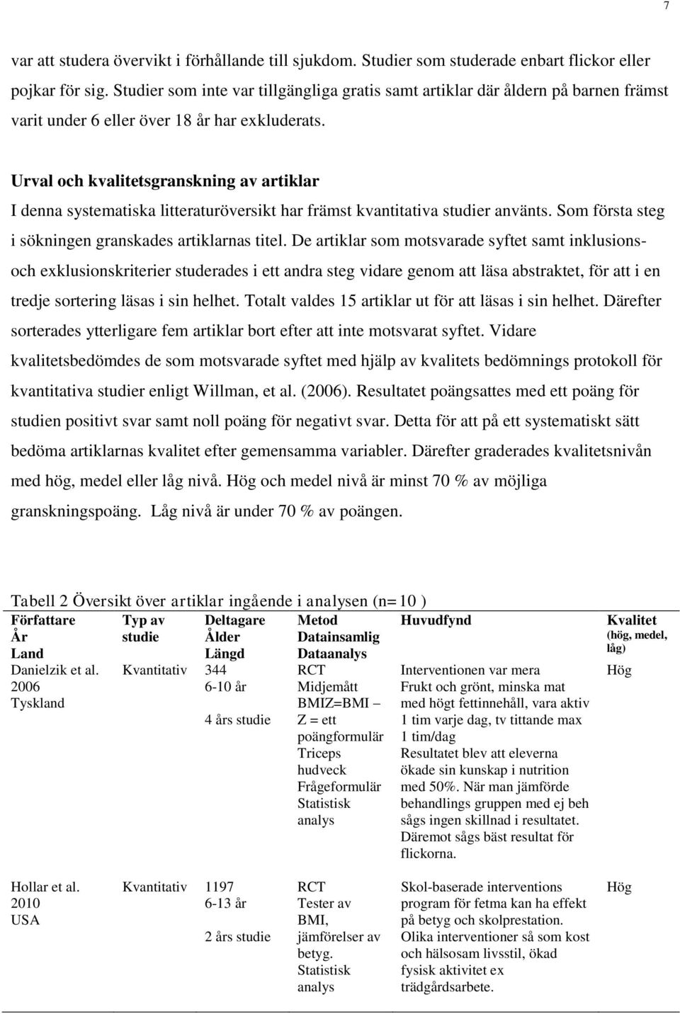 Urval och kvalitetsgranskning av artiklar I denna systematiska litteraturöversikt har främst kvantitativa studier använts. Som första steg i sökningen granskades artiklarnas titel.