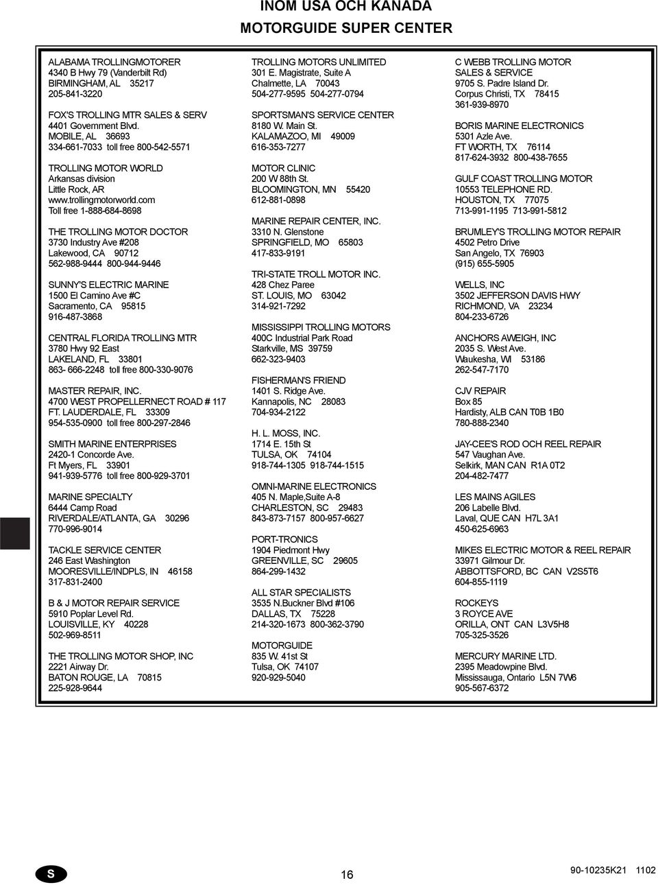 com Toll free 1-888-684-8698 THE TROLLING MOTOR DOCTOR 3730 Industry Ave #208 Lkewood, CA 90712 562-988-9444 800-944-9446 SUNNY'S ELECTRIC MARINE 1500 El Cmino Ave #C Scrmento, CA 95815 916-487-3868
