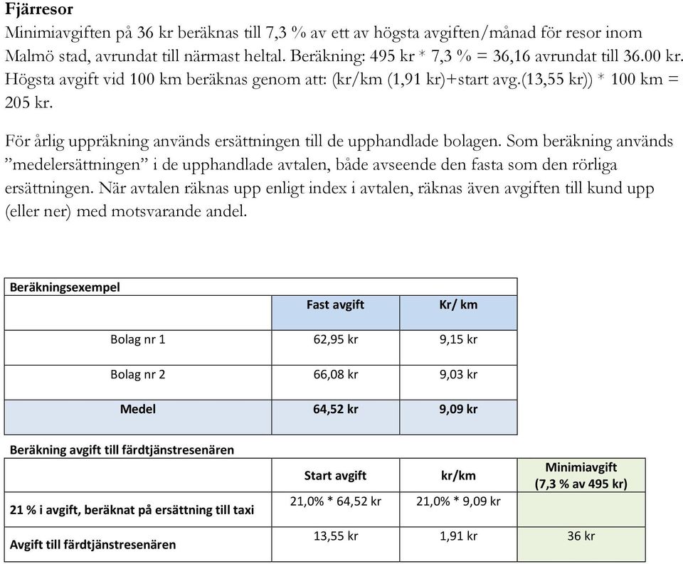 Som beräkning används medelersättningen i de upphandlade avtalen, både avseende den fasta som den rörliga ersättningen.