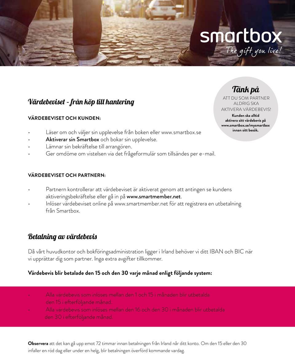 Kunden ska alltid aktivera sitt värdebevis på www.smartbox.se/mysmartbox innan sitt besök.