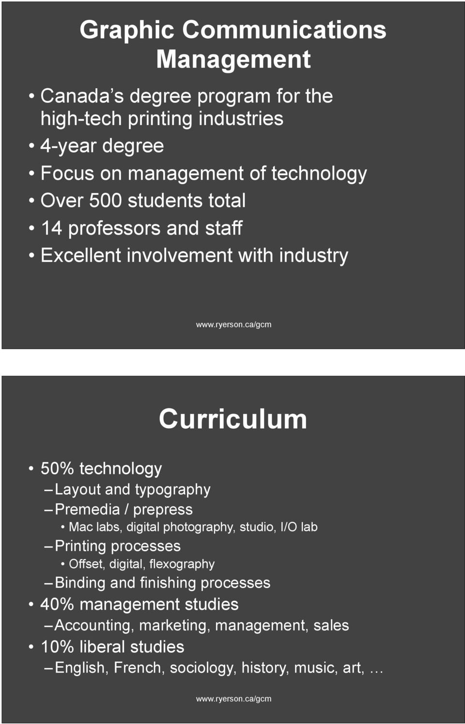 ca/gcm Curriculum 50% technology Layout and typography Premedia / prepress Mac labs, digital photography, studio, I/O lab Printing processes Offset,