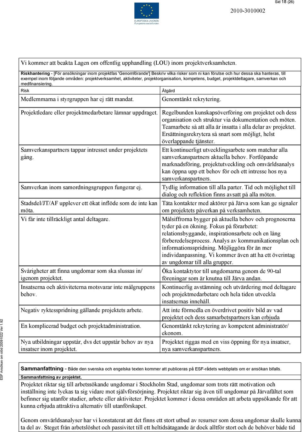 aktiviteter, projektorganisation, kompetens, budget, projektdeltagare, samverkan och medfinansiering. Risk Åtgärd Medlemmarna i styrgruppen har ej rätt mandat. Genomtänkt rekrytering.