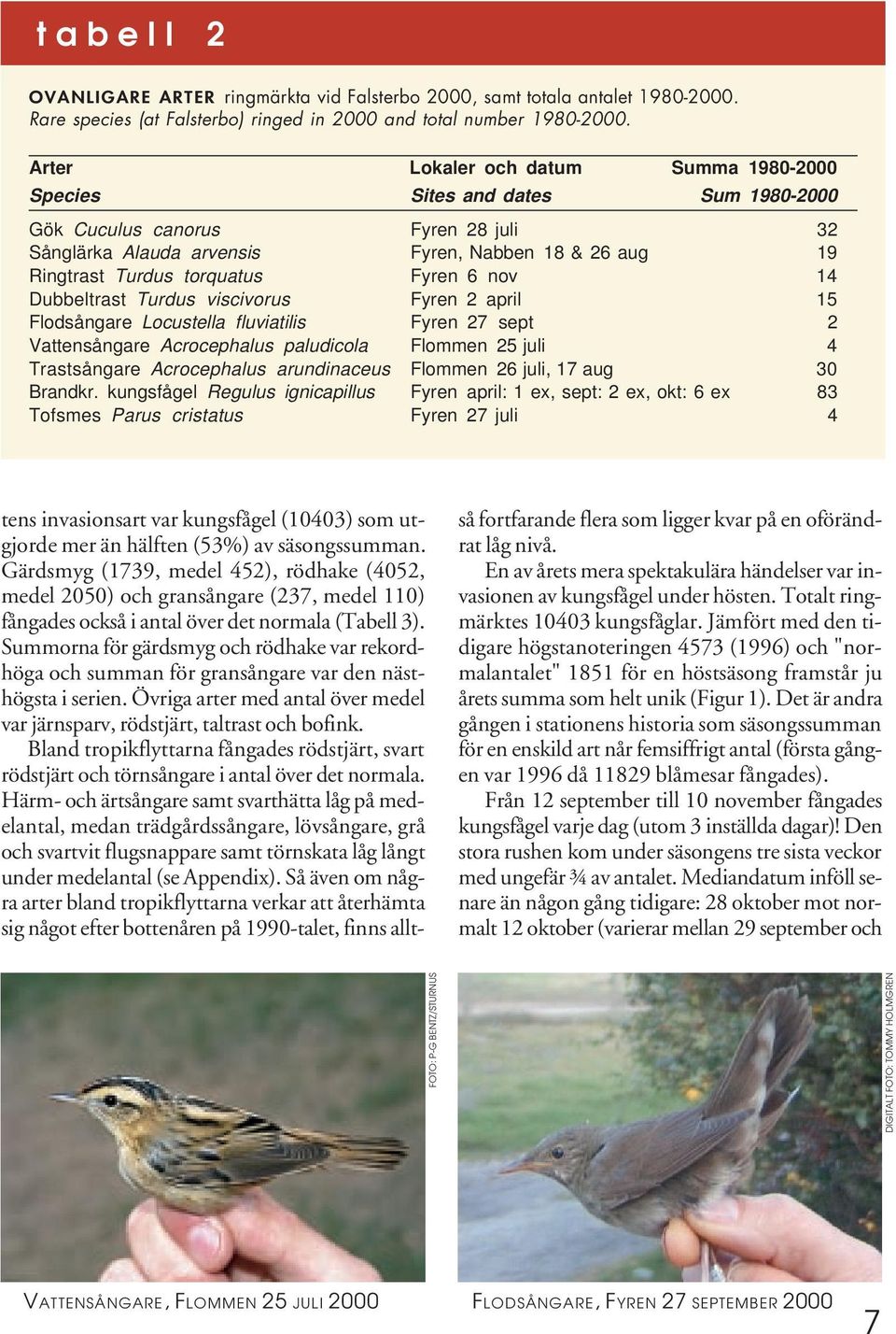 Fyren 6 nov 14 Dubbeltrast Turdus viscivorus Fyren 2 april 15 Flodsångare Locustella fluviatilis Fyren 27 sept 2 Vattensångare Acrocephalus paludicola Flommen 25 juli 4 Trastsångare Acrocephalus