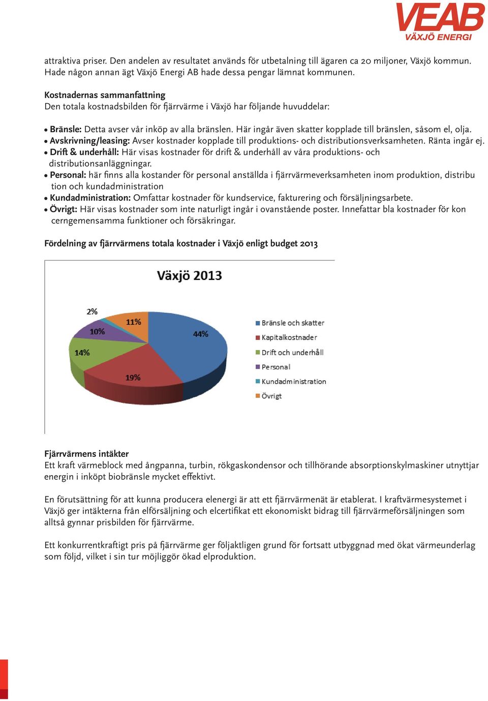 Här ingår även skatter kopplade till bränslen, såsom el, olja. Avskrivning/leasing: Avser kostnader kopplade till produktions- och distributionsverksamheten. Ränta ingår ej.