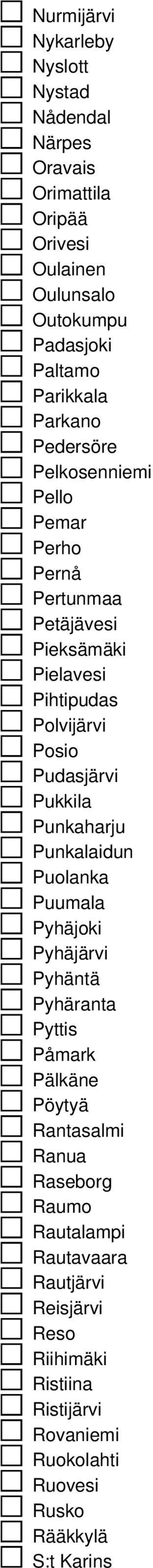 Pudasjärvi Pukkila Punkaharju Punkalaidun Puolanka Puumala Pyhäjoki Pyhäjärvi Pyhäntä Pyhäranta Pyttis Påmark Pälkäne Pöytyä Rantasalmi