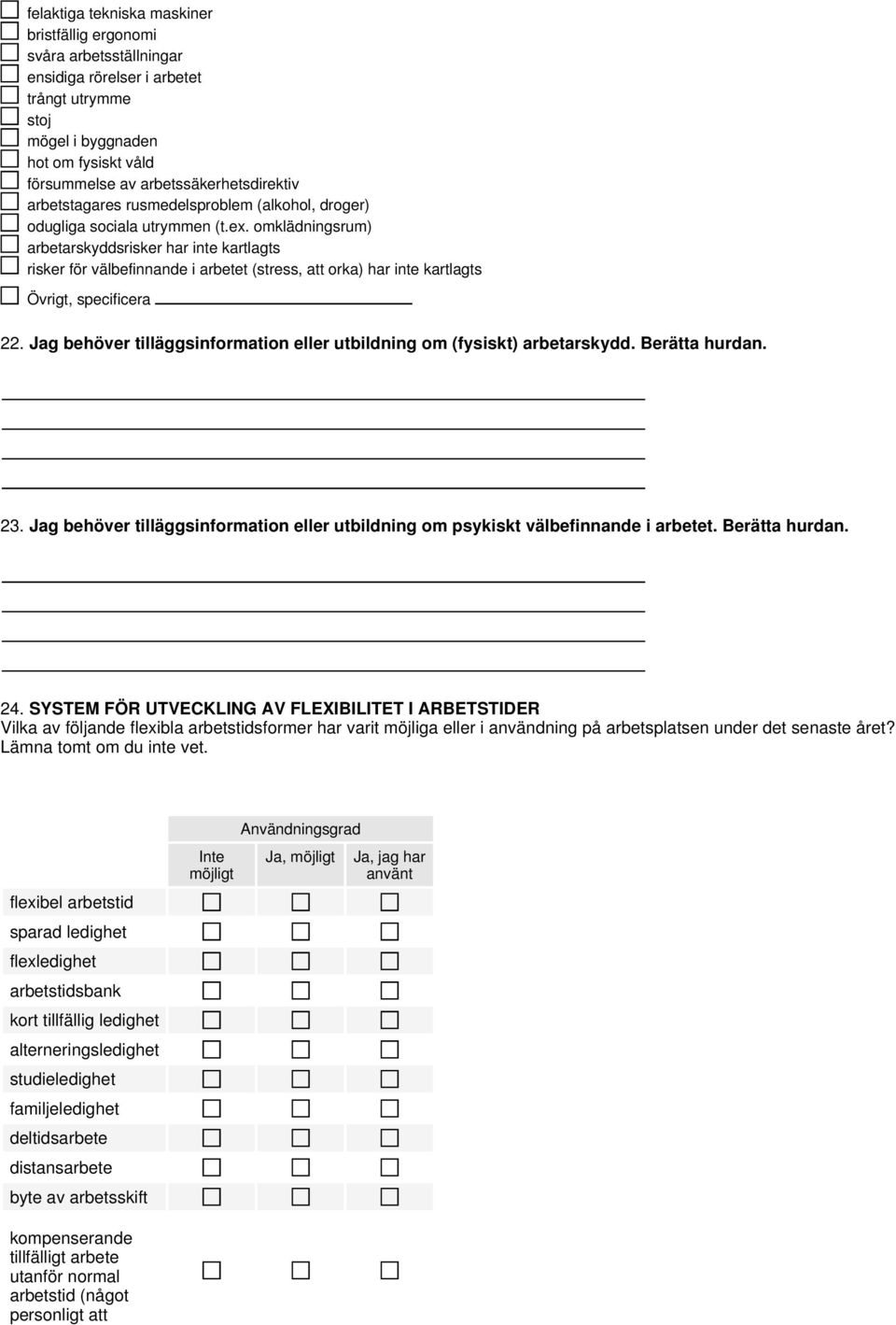 omklädningsrum) arbetarskyddsrisker har inte kartlagts risker för välbefinnande i arbetet (stress, att orka) har inte kartlagts Övrigt, specificera 22.