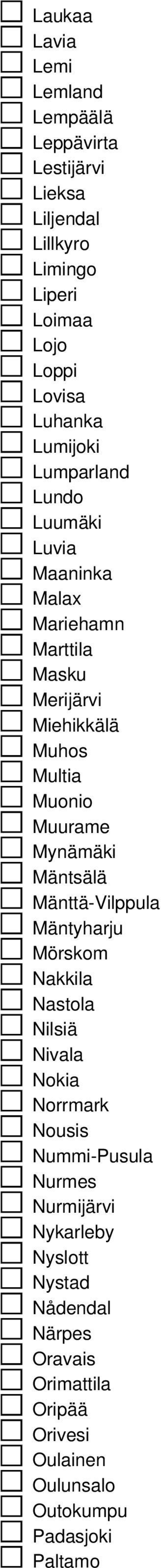Muurame Mynämäki Mäntsälä Mänttä-Vilppula Mäntyharju Mörskom Nakkila Nastola Nilsiä Nivala Nokia Norrmark Nousis Nummi-Pusula