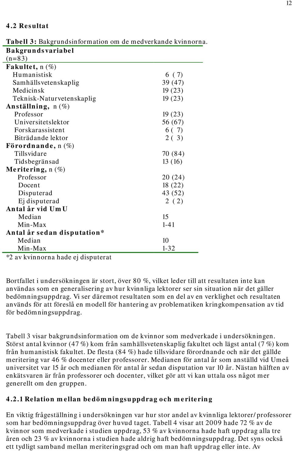 (67) Forskarassistent 6 ( 7) Biträdande lektor 2 ( 3) Förordnande, n (%) Tillsvidare 70 (84) Tidsbegränsad 13 (16) Meritering, n (%) Professor 20 (24) Docent 18 (22) Disputerad 43 (52) Ej disputerad