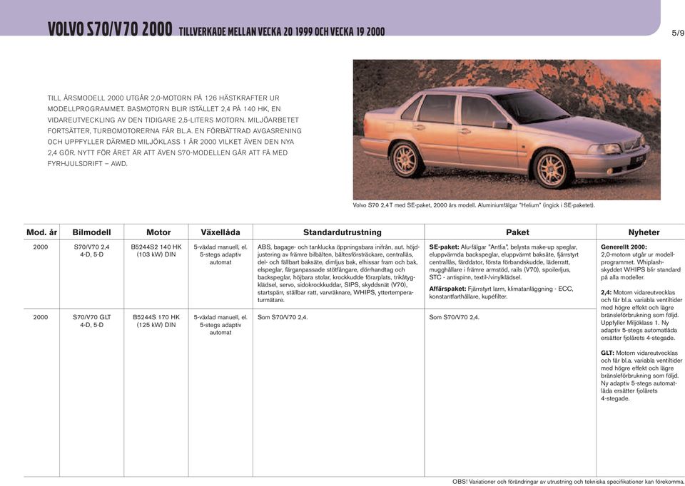 NYTT FÖR ÅRET ÄR ATT ÄVEN S70-MODELLEN GÅR ATT FÅ MED FYRHJULSDRIFT AWD. Volvo S70 2,4T med SE-paket, 2000 års modell. Aluminiumfälgar Helium (ingick i SE-paketet).