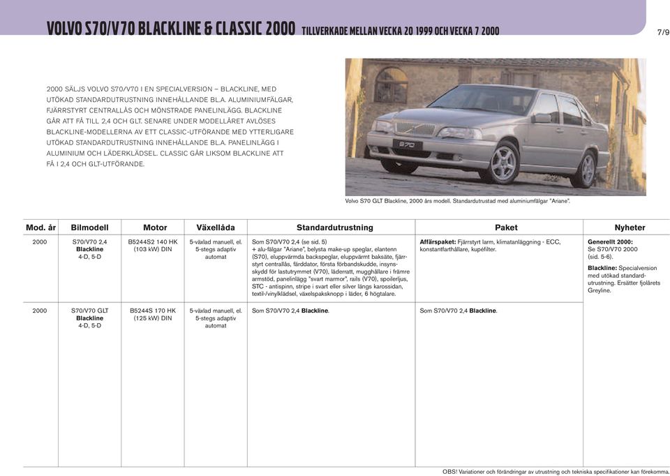 CLASSIC GÅR LIKSOM BLACKLINE ATT FÅ I 2,4 OCH GLT-UTFÖRANDE. Volvo S70 GLT Blackline, 2000 års modell. Standardutrustad med aluminiumfälgar Ariane.