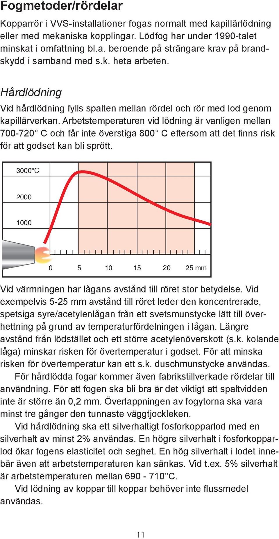 Arbetstemperaturen vid lödning är vanligen mellan 700-720 C och får inte överstiga 800 C eftersom att det finns risk för att godset kan bli sprött.