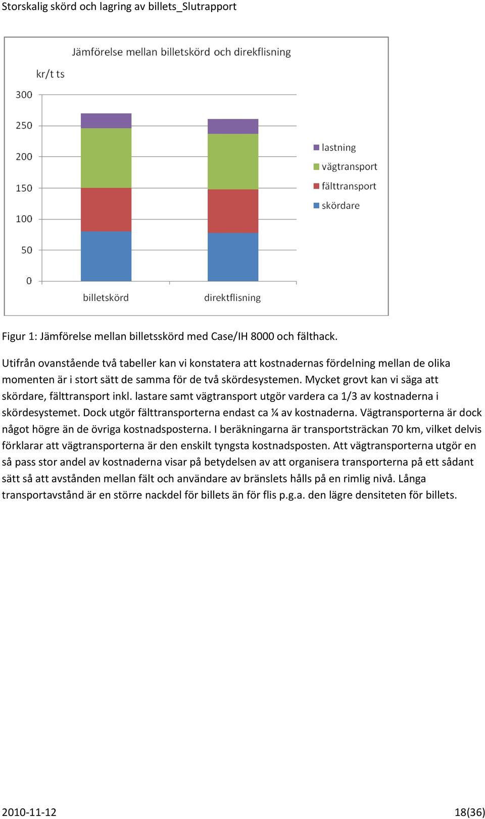 Mycket grovt kan vi säga att skördare, fälttransport inkl. lastare samt vägtransport utgör vardera ca 1/3 av kostnaderna i skördesystemet. Dock utgör fälttransporterna endast ca ¼ av kostnaderna.