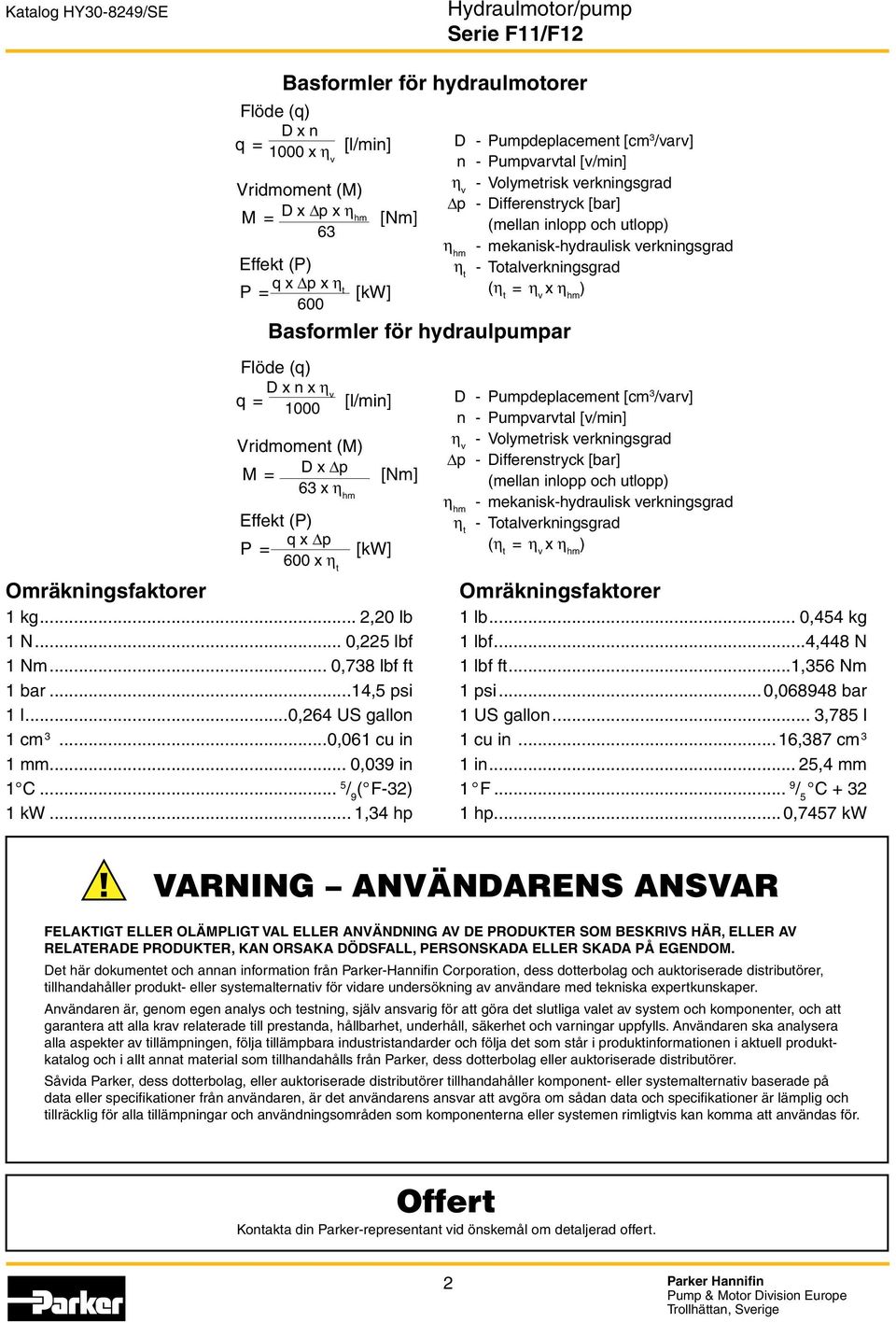 för hydraulpumpar Flöde (q) D x n x η v q = 1000 [l/min] Vridmoment (M) M = D x p [Nm] 63 x η hm Effekt (P) q x p P = [kw] 600 x η t Omräkningsfaktorer 1 kg... 2,20 lb 1 N... 0,225 lbf 1 Nm.