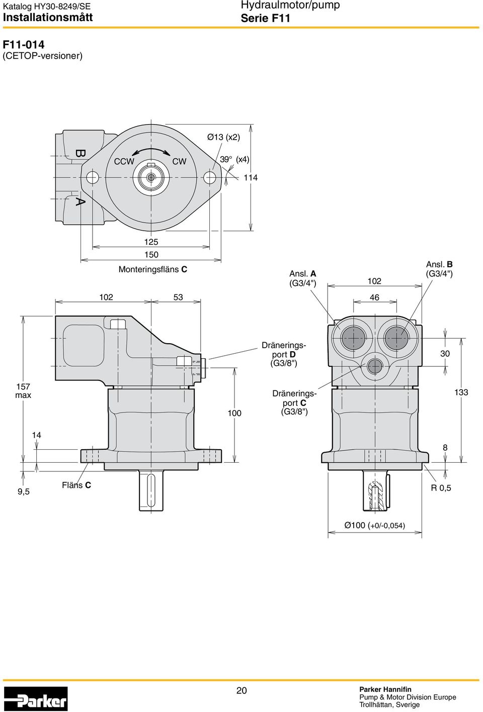 B (G3/4") 102 53 46 Dräneringsport D (G3/8") 30 157 max 100