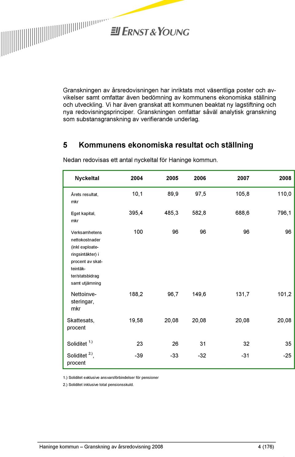 5 Kommunens ekonomiska resultat och ställning Nedan redovisas ett antal nyckeltal för Haninge kommun.