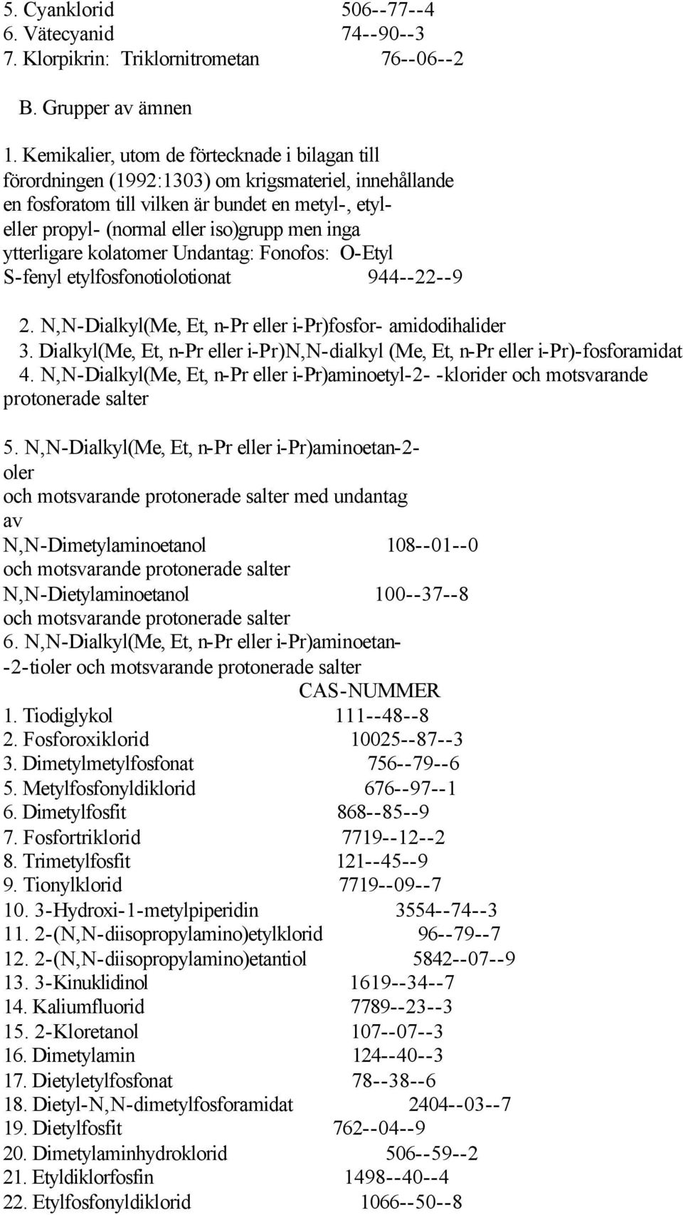 inga ytterligare kolatomer Undantag: Fonofos: O-Etyl S-fenyl etylfosfonotiolotionat 944--22--9 2. N,N-Dialkyl(Me, Et, n-pr eller i-pr)fosfor- amidodihalider 3.