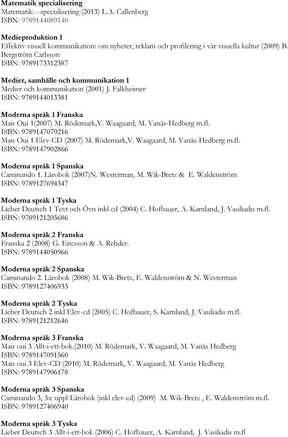 Bergström Carlsson ISBN: 9789173312387 Medier, samhälle och kommunikation 1 Medier och kommunikation (2001) J. Falkheimer ISBN: 9789144013381 Moderna språk 1 Franska Mais Oui 1(2007) M. Rödemark,V.