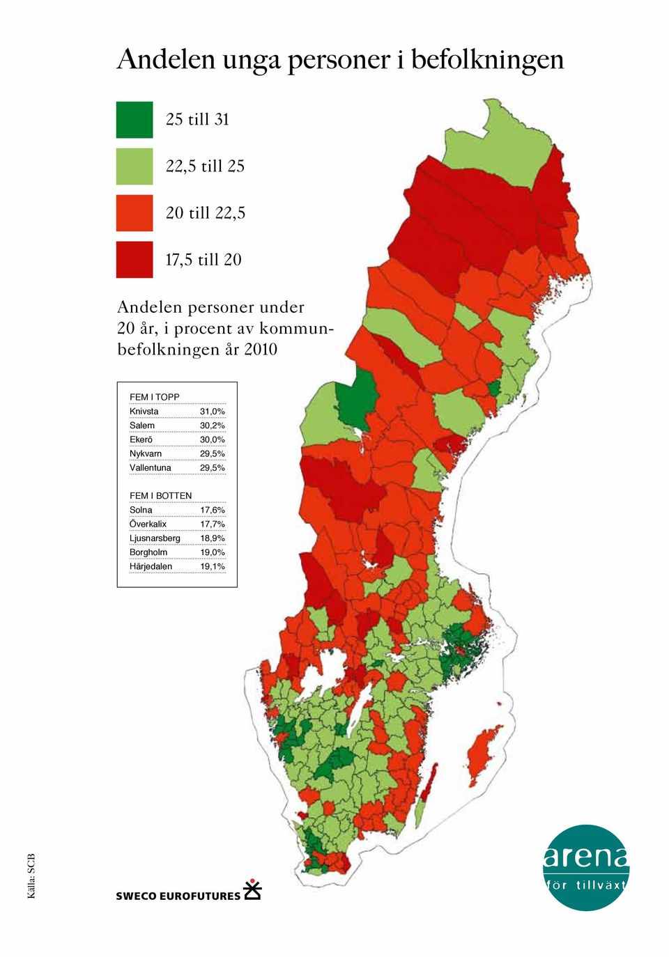 Knivsta 31,0% Salem 30,2% Ekerö 30,0% Nykvarn 29,5% Vallentuna 29,5% FEM i botten