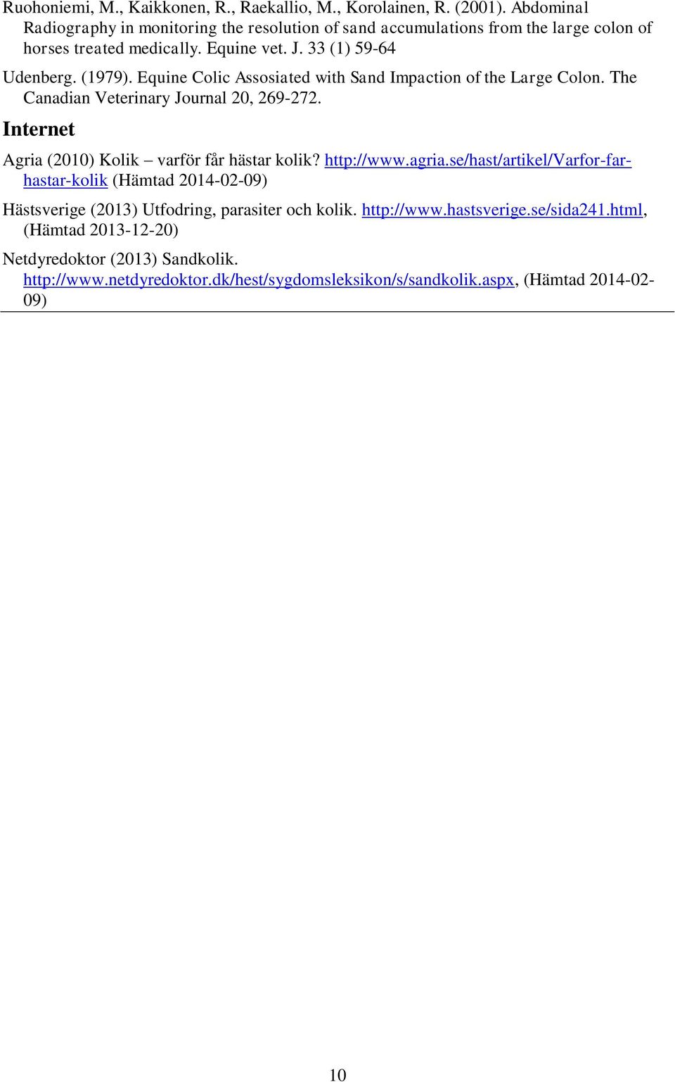 Equine Colic Assosiated with Sand Impaction of the Large Colon. The Canadian Veterinary Journal 20, 269-272. Internet Agria (2010) Kolik varför får hästar kolik? http://www.