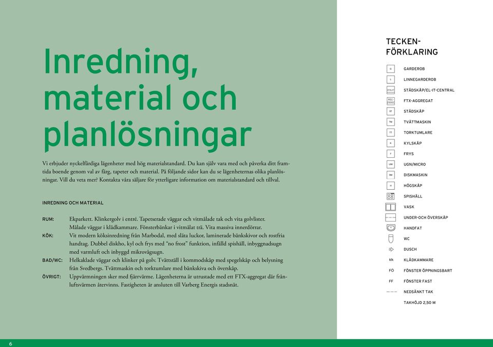 ontakta våra säljare för ytterligare information om materialstandard och tillval. INREDNIN OCH MATERIA H RYS UN/MICRO DISMASIN HÖSÅP SPISHÄ VAS RUM: Ö: BAD/WC: ÖVRIT: Ekparkett. linkergolv i entré.