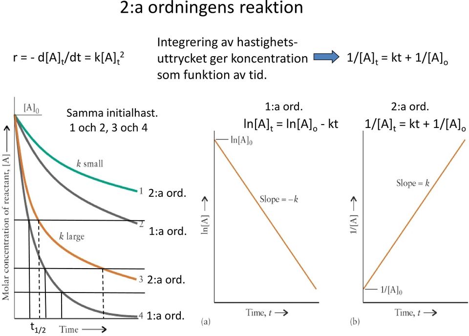 1/[A] t = kt + 1/[A] o Samma initialhast. 1 och 2, 3 och 4 1:a ord.