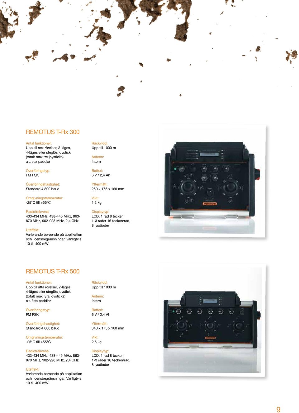 Vanligtvis 10 till 400 mw Räckvidd: Upp till 1000 m Antenn: Intern Batteri: 6 V / 2,4 Ah 250 x 175 x 160 mm 1,2 kg Displaytyp: LCD, 1 rad 8 tecken, 1-3 rader 16 tecken/rad, 8 lysdioder REMOTUS T-Rx