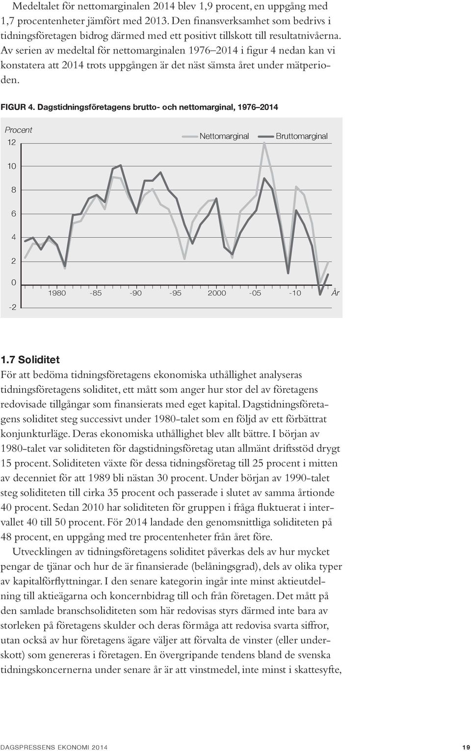 Av serien av medeltal för nettomarginalen 1976 2014 i figur 4 nedan kan vi konstatera att 2014 trots uppgången är det näst sämsta året under mätperioden. FIGUR 4.