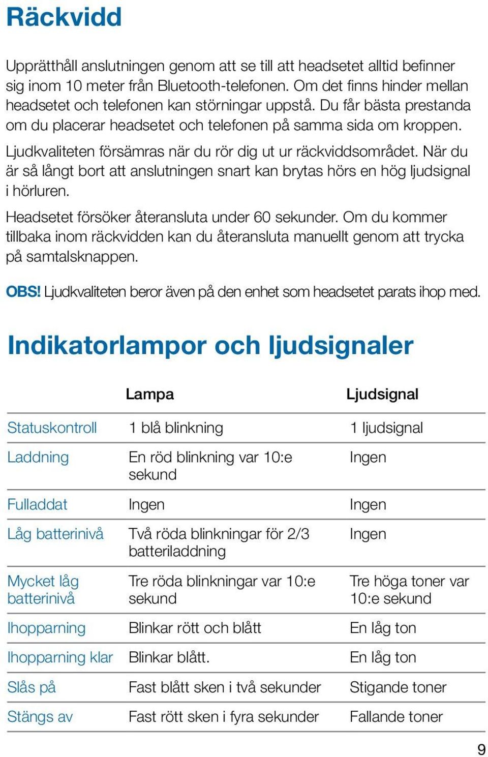 När du är så långt bort att anslutningen snart kan brytas hörs en hög ljudsignal i hörluren. Headsetet försöker återansluta under 60 sekunder.