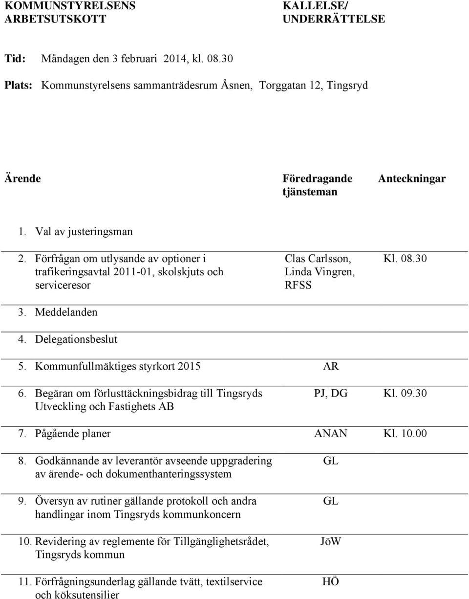 Förfrågan om utlysande av optioner i trafikeringsavtal 2011-01, skolskjuts och serviceresor 3. Meddelanden 4. Delegationsbeslut Clas Carlsson, Linda Vingren, RFSS Kl. 08.30 5.