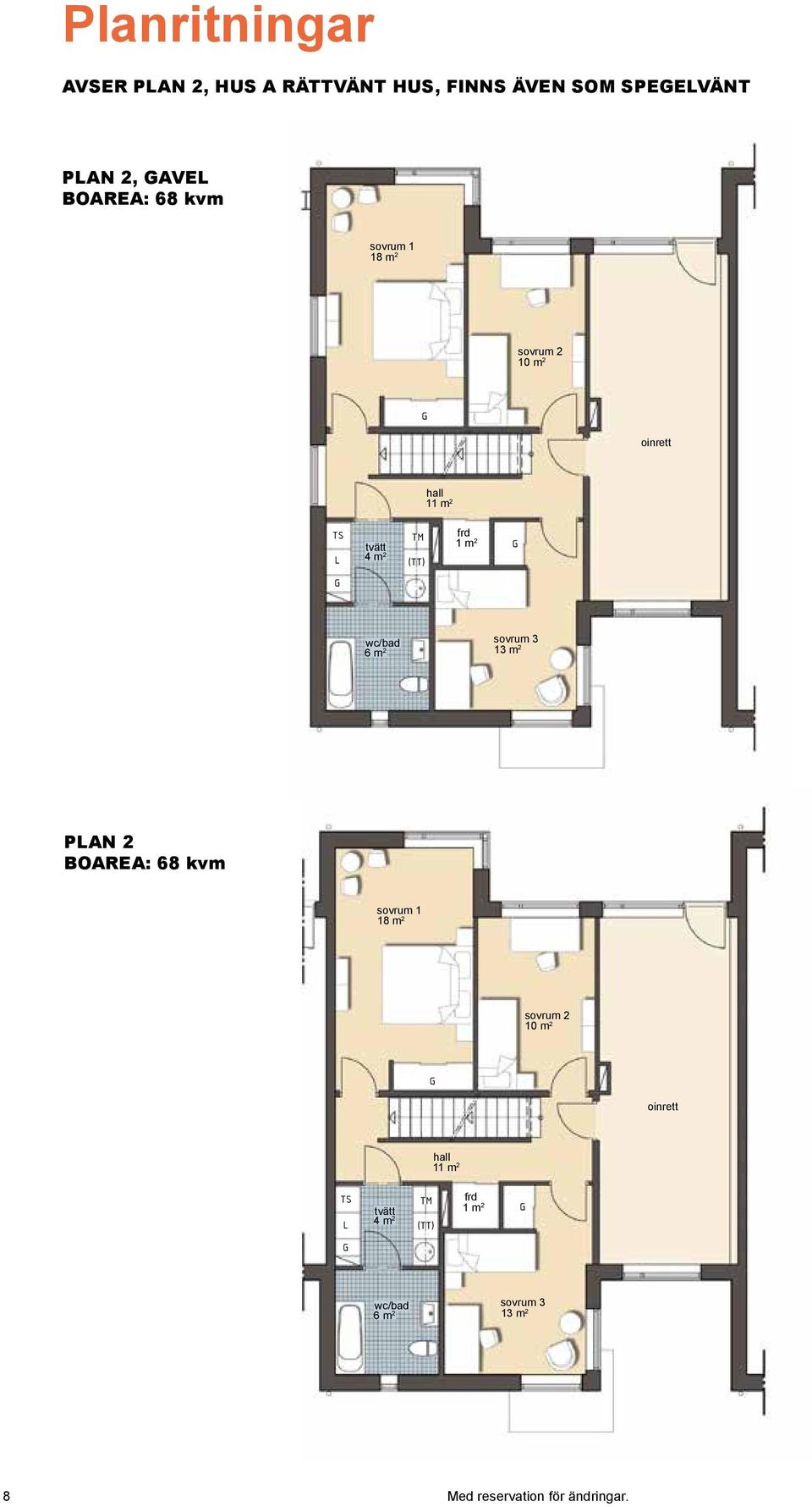 arderob = inneskåp wc/bad 6 m 2 sovrum 3 13 m 2 = amin, möjlig placering PAN 2 BOAREA: 68 kvm plan 2 (gavel) a - rättvänt hus sovrum 1 ÖRARIN: = äd = rys = ylskåp