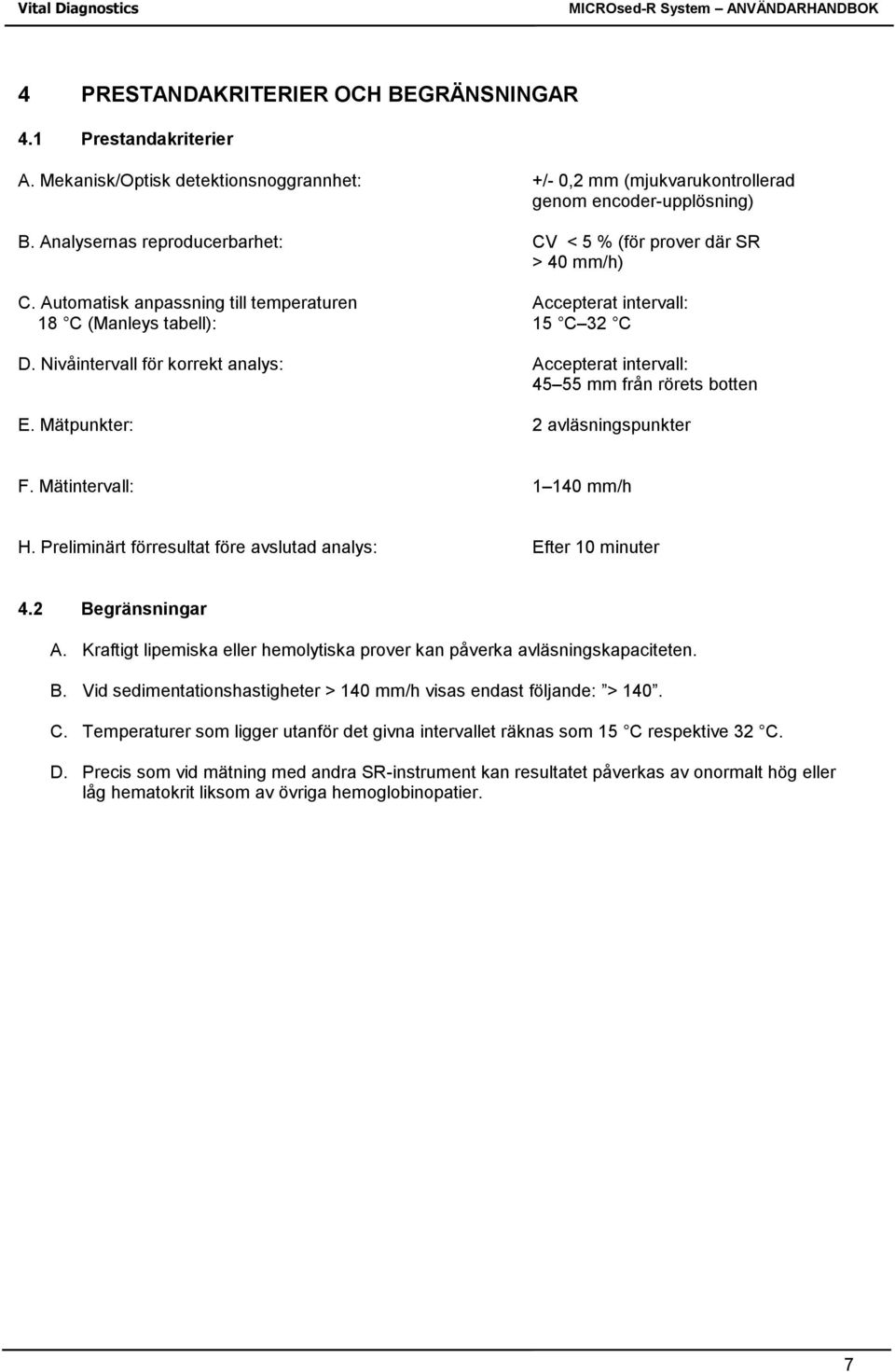 Nivåintervall för korrekt analys: Accepterat intervall: 45 55 mm från rörets botten E. Mätpunkter: 2 avläsningspunkter F. Mätintervall: 1 140 mm/h H.