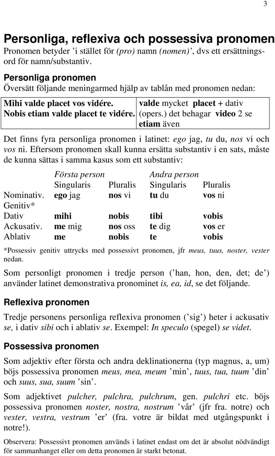 ) det behagar video 2 se etiam även Det finns fyra personliga pronomen i latinet: ego jag, tu du, nos vi och vos ni.