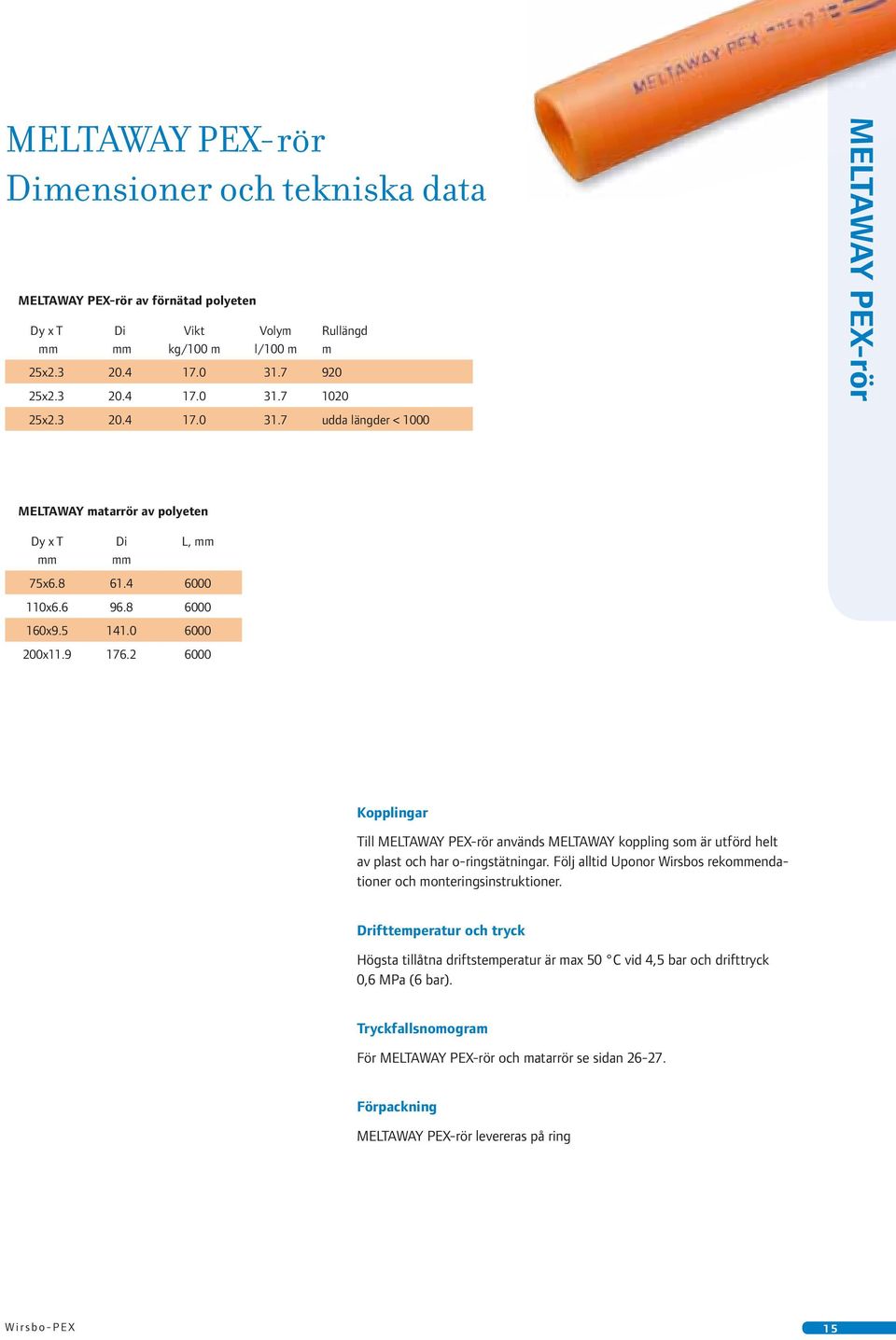 9 176.2 6000 Kopplingar Till MELTAWAY PEX-rör används MELTAWAY koppling som är utförd helt av plast och har o-ringstätningar. Följ alltid Uponor Wirsbos rekoendationer och monteringsinstruktioner.