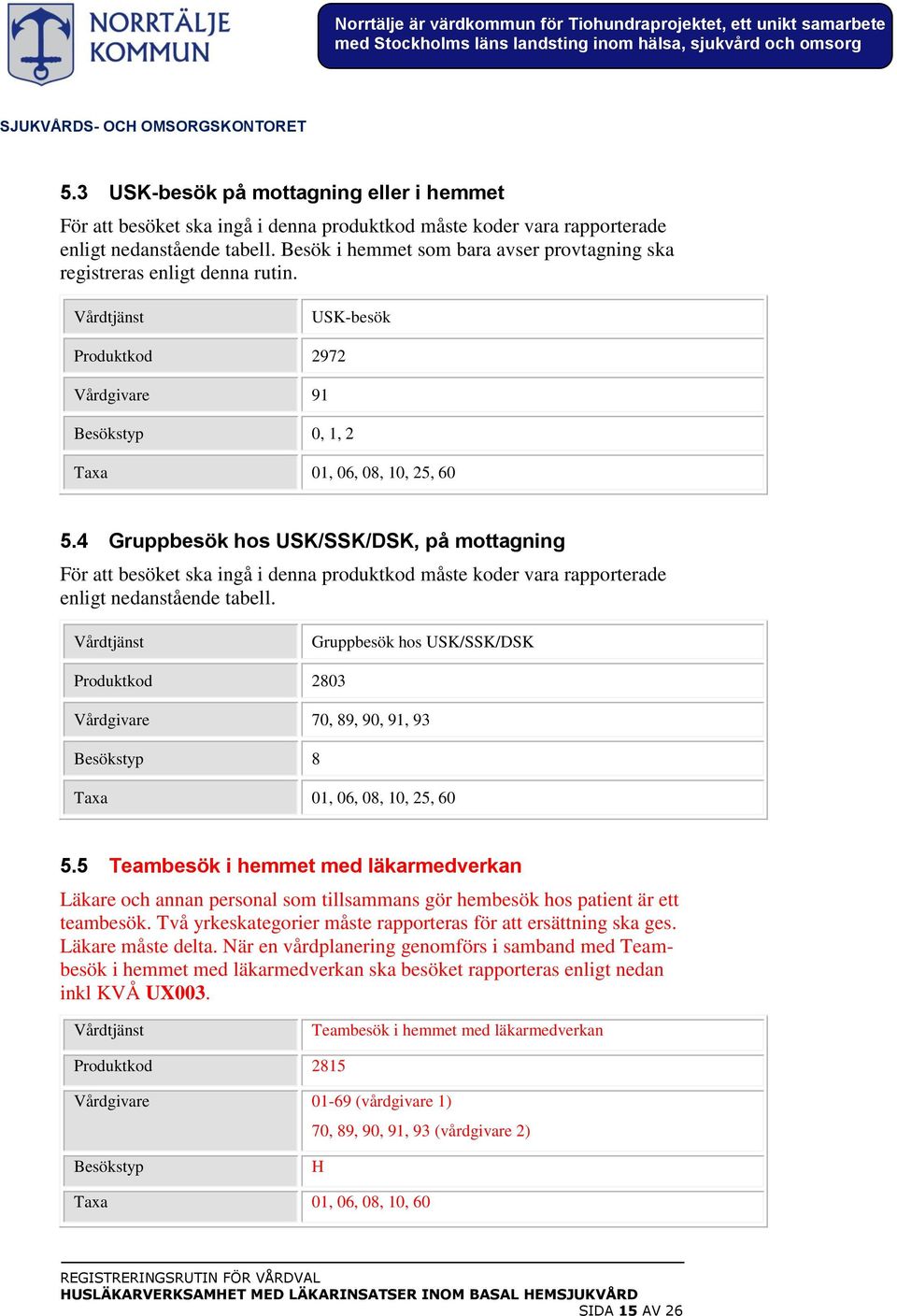 4 Gruppbesök hos USK/SSK/DSK, på mottagning För att besöket ska ingå i denna produktkod måste koder vara rapporterade enligt nedanstående tabell.