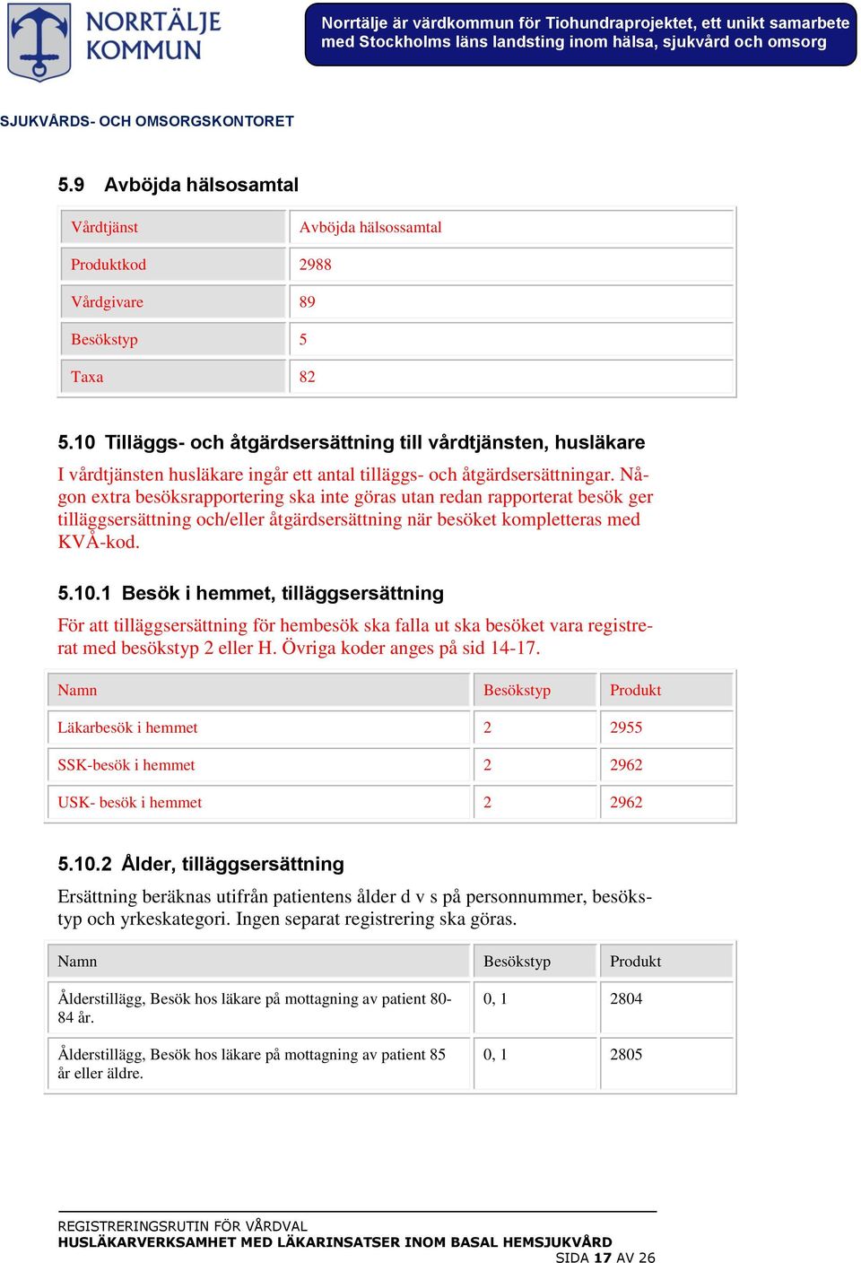 Någon extra besöksrapportering ska inte göras utan redan rapporterat besök ger tilläggsersättning och/eller åtgärdsersättning när besöket kompletteras med KVÅ-kod. 5.10.