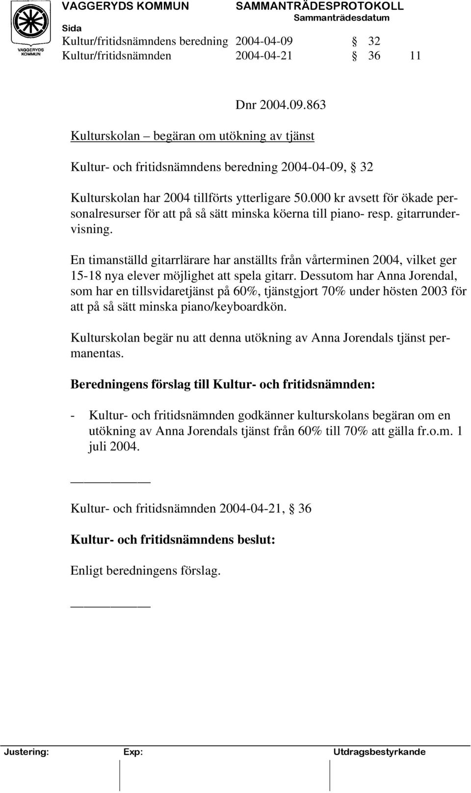 En timanställd gitarrlärare har anställts från vårterminen 2004, vilket ger 15-18 nya elever möjlighet att spela gitarr.