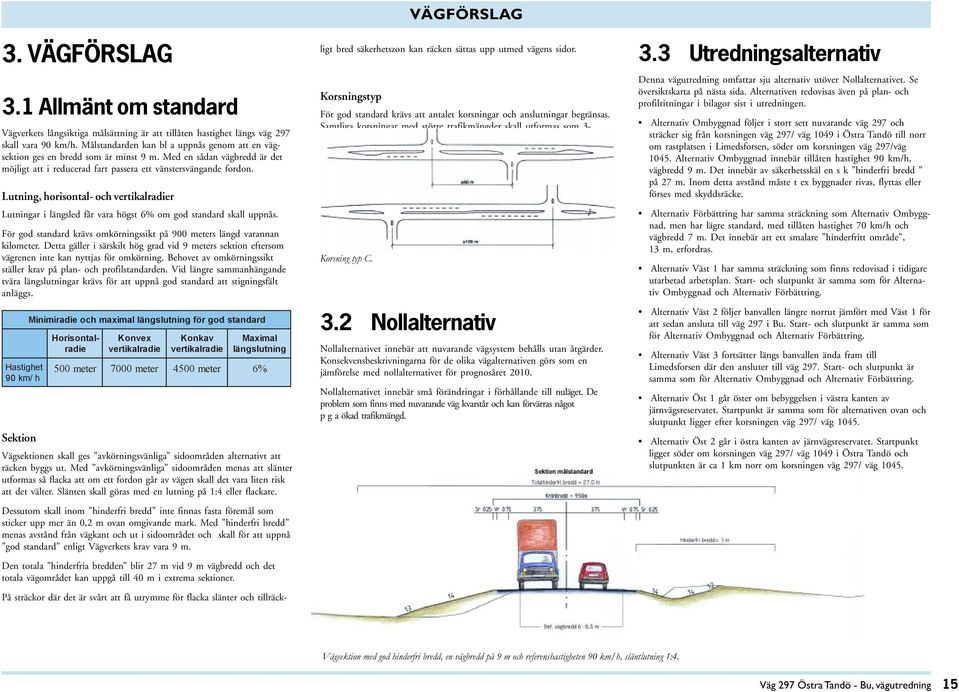 Lutning, horisontal- och vertikalradier Lutningar i längsled får vara högst 6% om god standard skall uppnås. För god standard krävs omkörningssikt på 900 meters längd varannan kilometer.