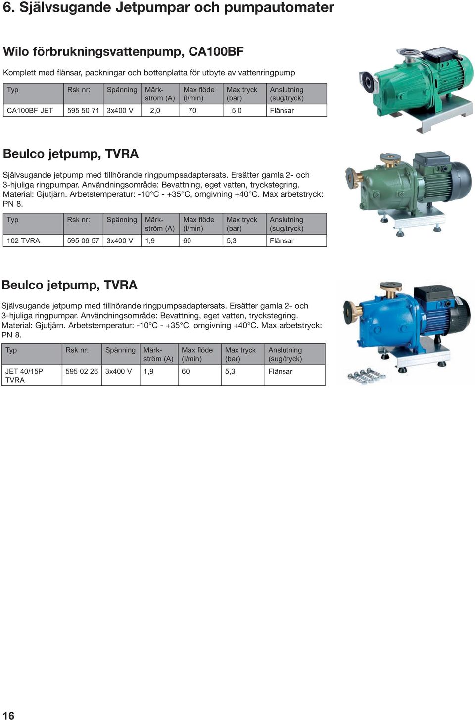 Material: Gjutjärn. Arbetstemperatur: -10 C - +35 C, omgivning +40 C. Max arbetstryck: PN 8. Beulco jetpump,  Material: Gjutjärn.