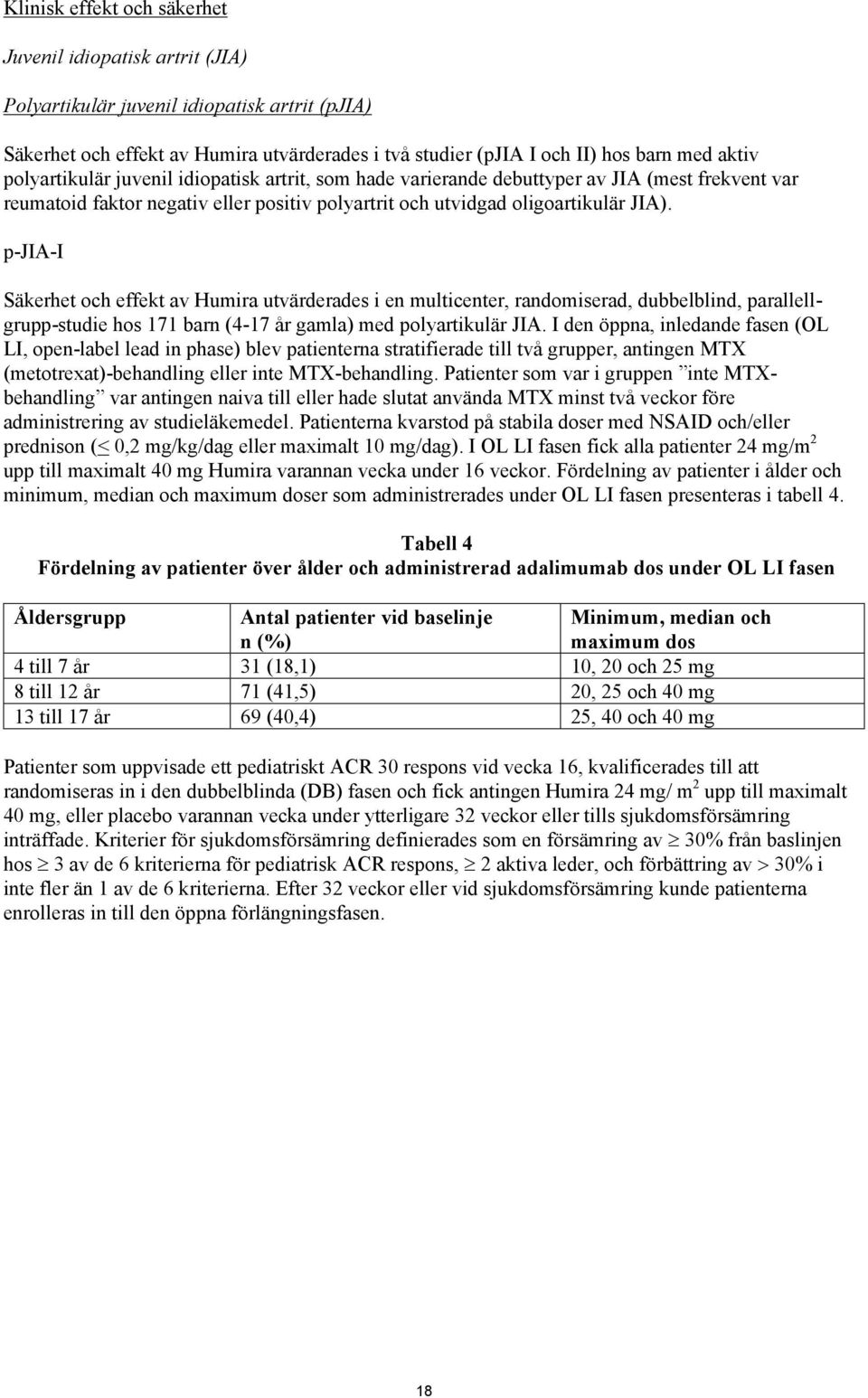 p-jia-i Säkerhet och effekt av Humira utvärderades i en multicenter, randomiserad, dubbelblind, parallellgrupp-studie hos 171 barn (4-17 år gamla) med polyartikulär JIA.