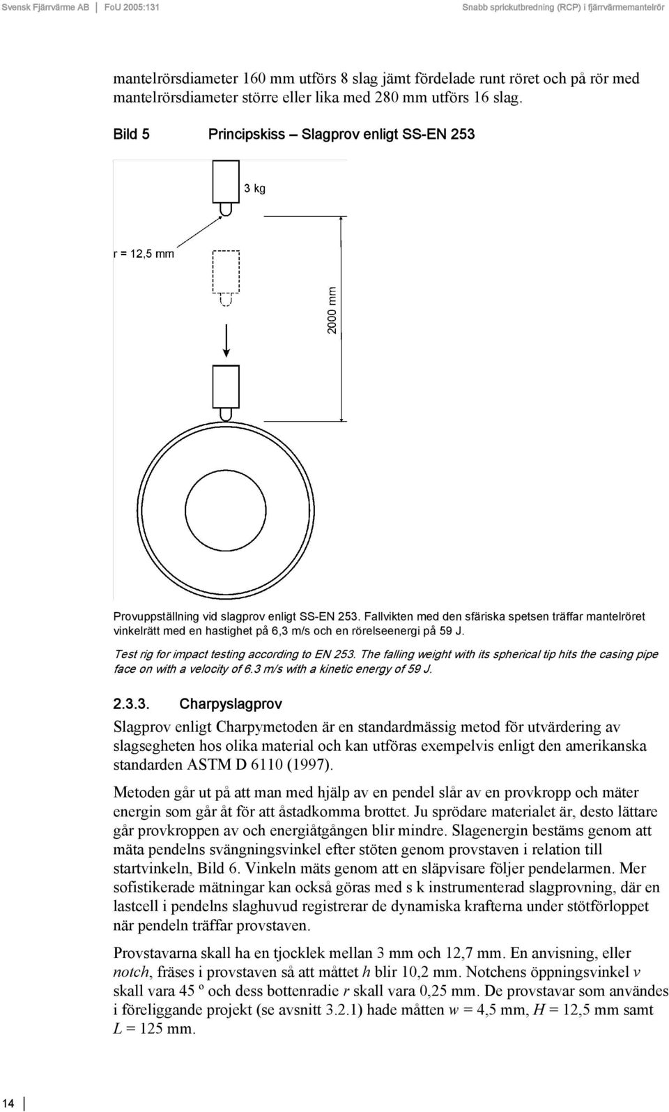 Fallvikten med den sfäriska spetsen träffar mantelröret vinkelrätt med en hastighet på 6,3 m/s och en rörelseenergi på 59 J. Test rig for impact testing according to EN 253.