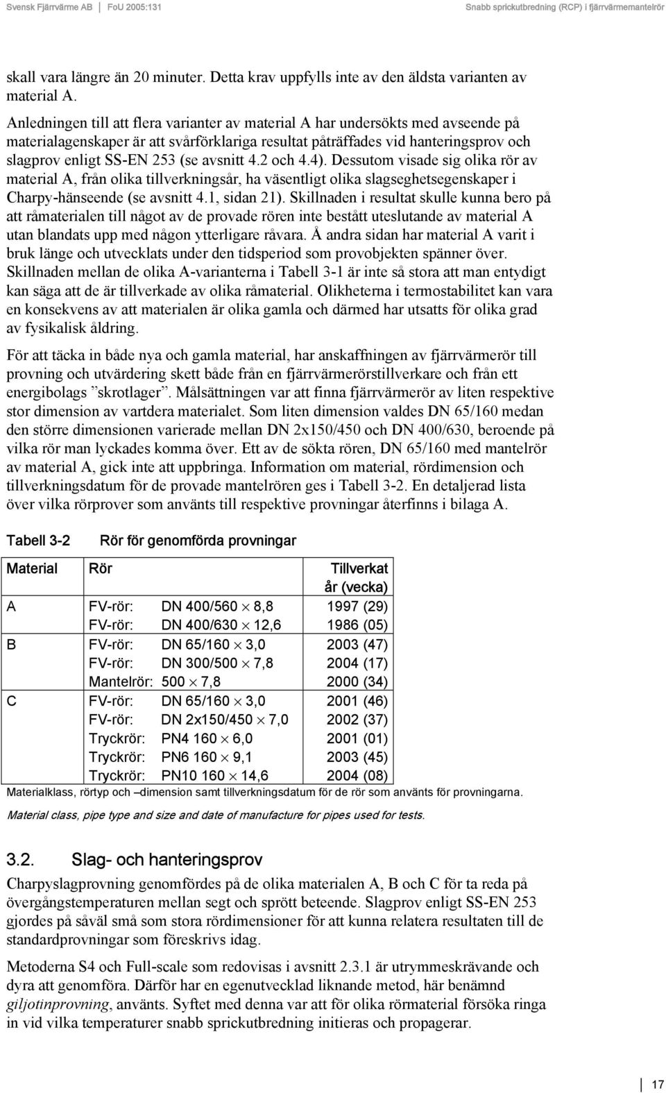 avsnitt 4.2 och 4.4). Dessutom visade sig olika rör av material A, från olika tillverkningsår, ha väsentligt olika slagseghetsegenskaper i Charpy-hänseende (se avsnitt 4.1, sidan 21).