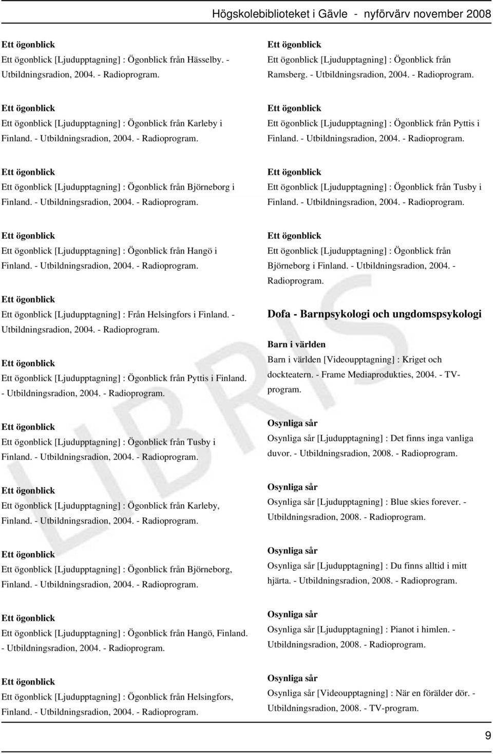 - Utbildningsradion, 2004. - [Ljudupptagning] : Ögonblick från Hangö i Finland. - Utbildningsradion, 2004. - [Ljudupptagning] : Från Helsingfors i Finland. - Utbildningsradion, 2004. - [Ljudupptagning] : Ögonblick från Pyttis i Finland.