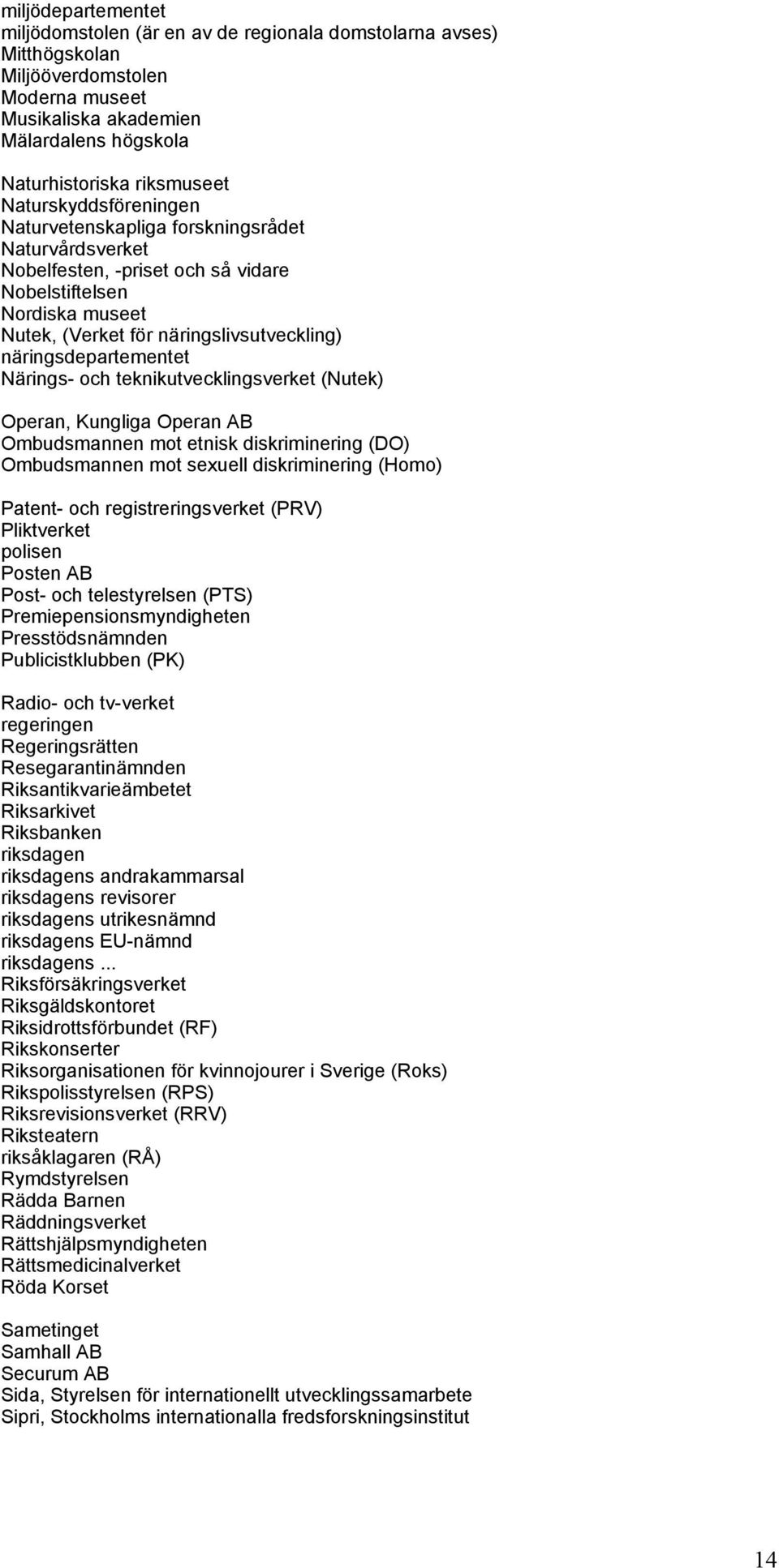 näringsdepartementet Närings- och teknikutvecklingsverket (Nutek) Operan, Kungliga Operan AB Ombudsmannen mot etnisk diskriminering (DO) Ombudsmannen mot sexuell diskriminering (Homo) Patent- och