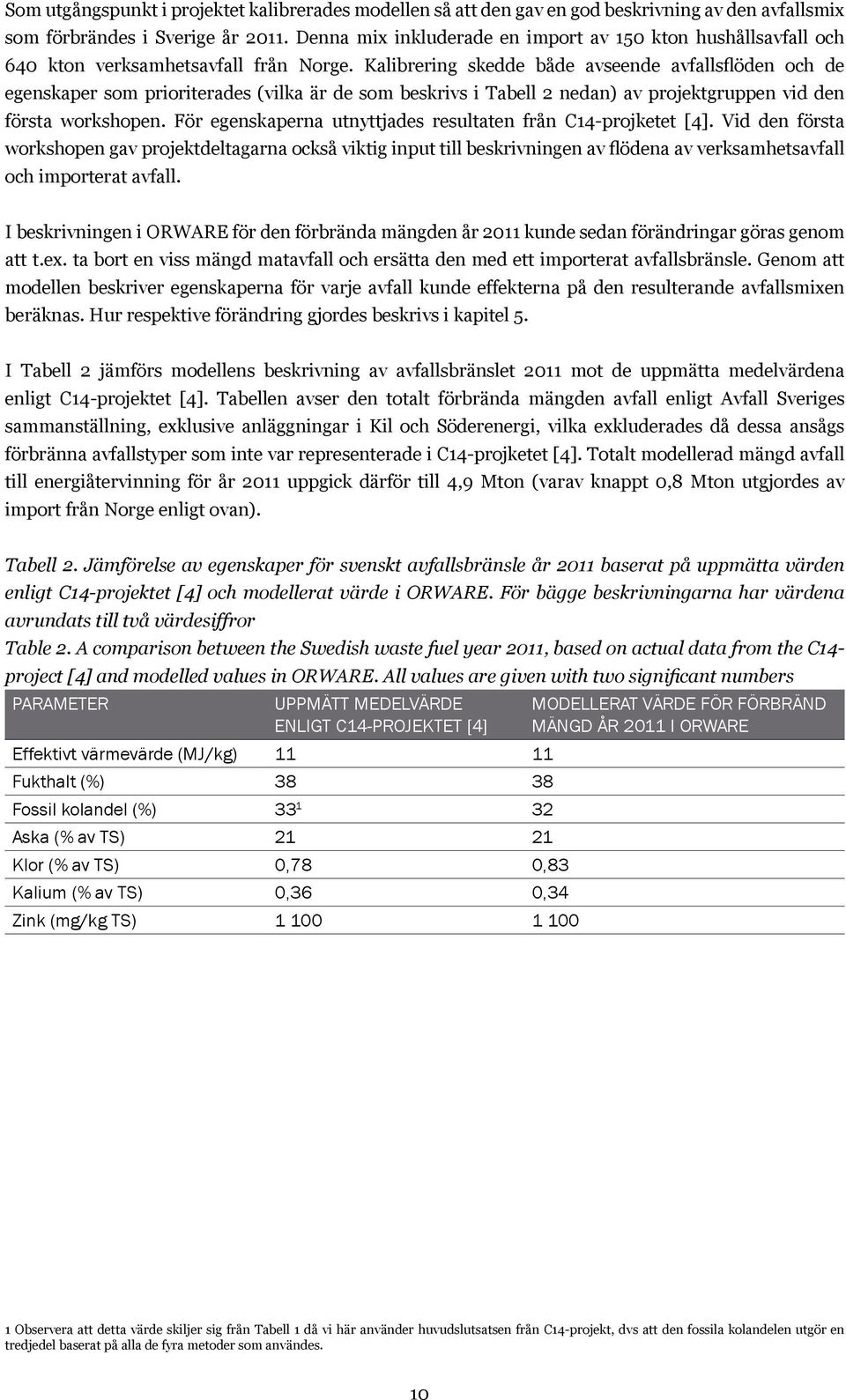 Kalibrering skedde både avseende avfallsflöden och de egenskaper som prioriterades (vilka är de som beskrivs i Tabell 2 nedan) av projektgruppen vid den första workshopen.