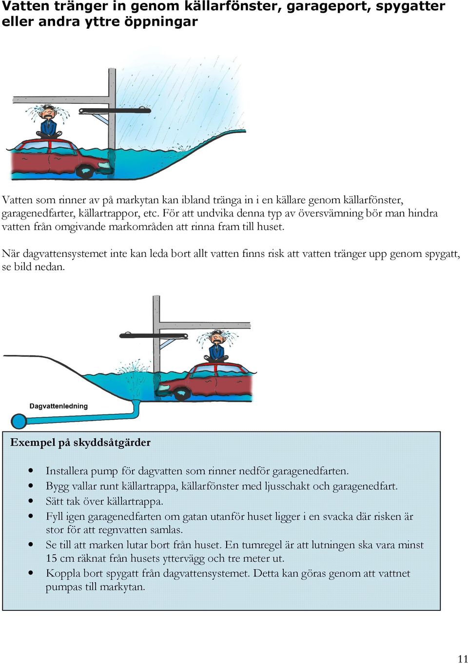 När dagvattensystemet inte kan leda bort allt vatten finns risk att vatten tränger upp genom spygatt, se bild nedan.