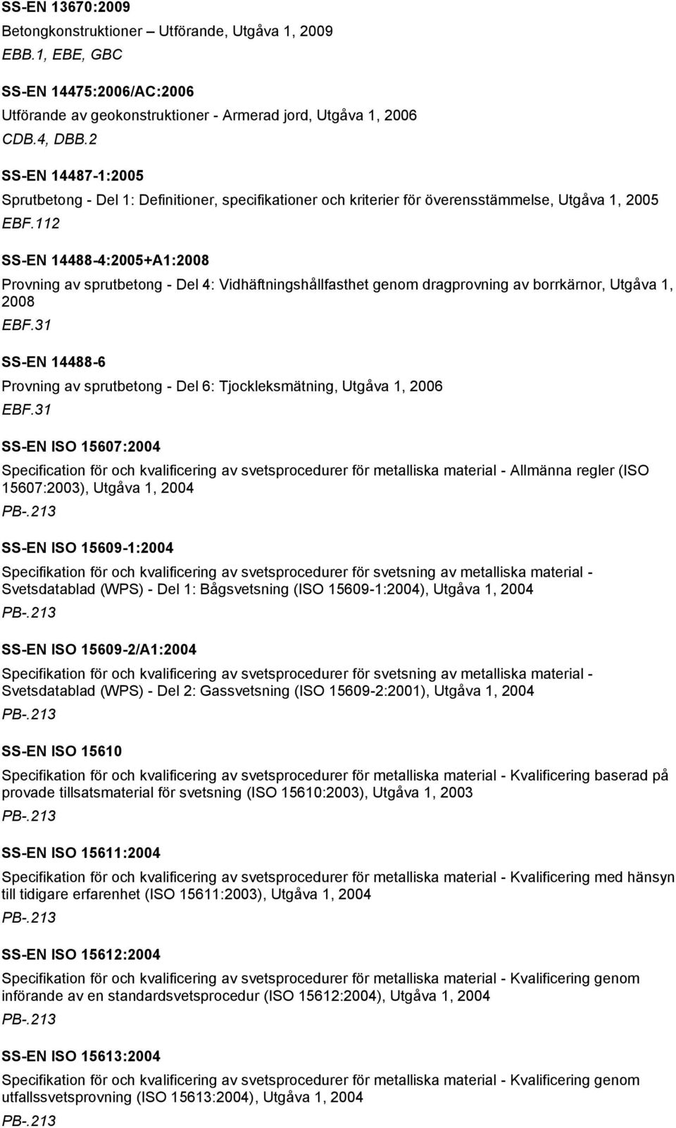 112 SS-EN 14488-4:2005+A1:2008 Provning av sprutbetong - Del 4: Vidhäftningshållfasthet genom dragprovning av borrkärnor, Utgåva 1, 2008 EBF.