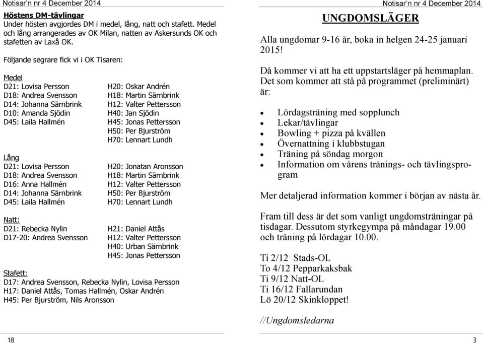 Sjödin D45: Laila Hallmén H45: Jonas Pettersson H50: Per Bjurström H70: Lennart Lundh Lång D21: Lovisa Persson H20: Jonatan Aronsson D18: Andrea Svensson H18: Martin Särnbrink D16: Anna Hallmén H12: