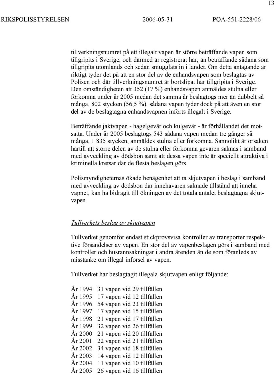 Den omständigheten att 352 (17 %) enhandsvapen anmäldes stulna eller förkomna under år 2005 medan det samma år beslagtogs mer än dubbelt så många, 802 stycken (56,5 %), sådana vapen tyder dock på att